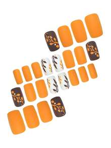 24pcs Full Set Short Square Fake Nails, Autumn/Winter Style Orange Yellow Leaf Pattern Design, Includes 1pc Jelly Glue And 1pc Nail File, Matte Texture Nails Perfect For Autumn/Winter Parties, Dancing And Daily Wear, Removable And Reusable - Multicolor - View 3