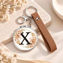1pc 26 Letters Optional Floral Design Double-Sided Portable Makeup Mirror, 1X High Definition Mirror 180° Foldable PU Leather Pendant, Girls Bag Keychain Mirror/Bag Charm - Multicolor - View 16