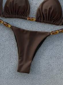 Bikinx Elegant Women's Spaghetti Strap Bikini Set, With Beaded Details And Tie-Up Bottom, High Elasticity Backless Swimsuit - Coffee Brown - View 6