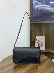 New Fashion Flap Magnetic Closure Shoulder Bag, Commuter Minimalist Underarm Small Square Bag - Black - View 8