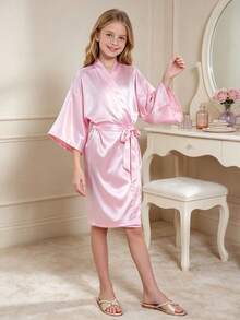 Girls' Comfortable Soft Japanese Style Small V-Neck 3/4 Sleeve Solid Color Belted Knee-Length Nightgown Loungewear Morning Robe - Pink - View 1