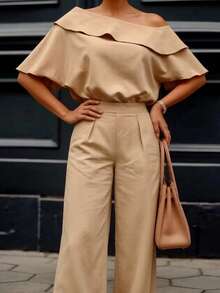 Women's Ruffle Ruffle Top & High-Waist Wide-Leg Pants 2 Pieces Set, Elegant Commuter Outfit - Apricot - View 3