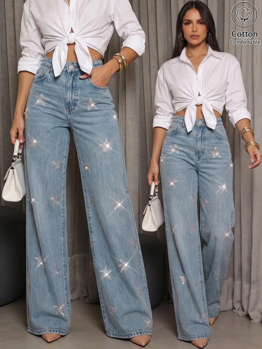 女款歐美風淺藍色星星水鑽裝飾高腰水洗做舊修身長牛仔褲 - 淺色水洗藍 - 查看 1