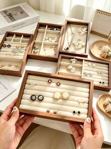 6/1pc Wooden Velvet Jewelry Tray, Jewelry Storage & Display Tray, Drawer-Style Earring Storage Box, Stackable Jewelry Storage Tray, Multi-Functional Jewelry Display Tray, Portable Multi-Purpose Storage Box, Desk Drawer Organizer - Multicolor - View 8