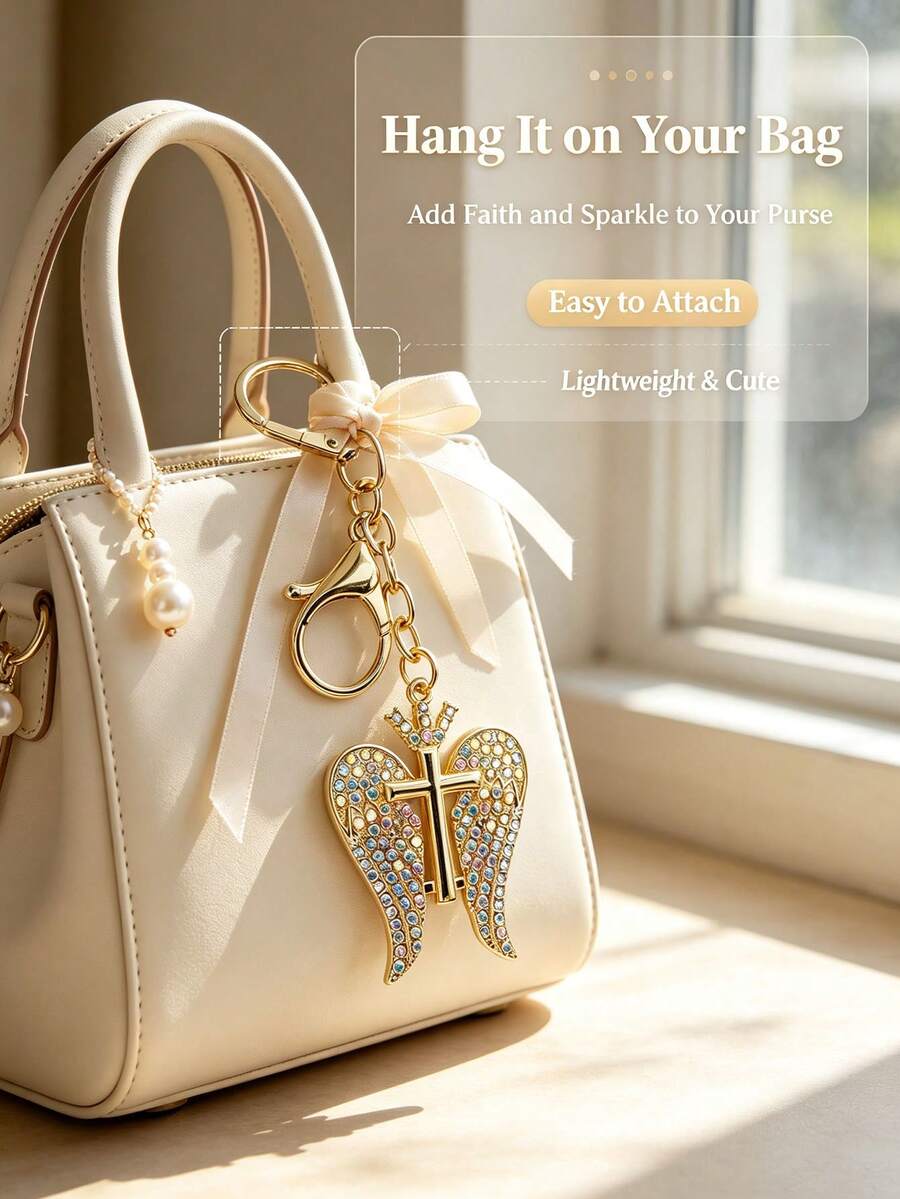 1pc Multi-Color Rhinestone Wing Cross Keychain, Inlaid With Sparkling Crystals, Metal Lobster Clasp, Portable Bag Hanging Key Ring, Suitable As Baptism, Birthday, Wedding, Holiday Gift And Daily Accessory - Multicolor - View 1