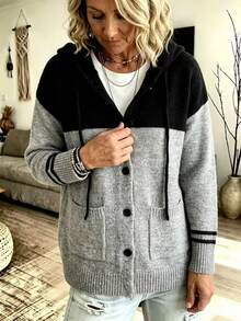 Women's Colorblock Hooded Knit Cardigan, Front Button Striped Long Sleeve Loose Sweater Jacket, Suitable For Winter Casual Daily Wear - Grey - View 4