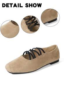 Ladies' Cross Elastic Band Design Ballet Shoes, Fashionable And Simple Square Toe Flat Sole Shoes, Daily Lightweight And Versatile Casual Shoes - Khaki - View 3