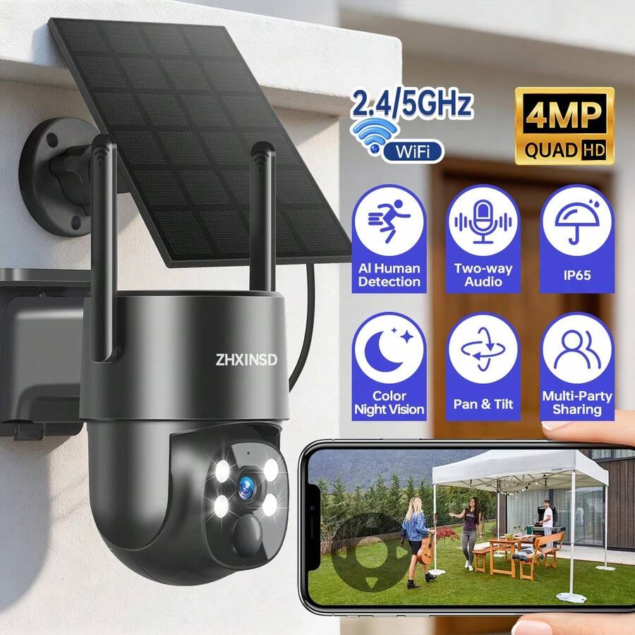 ZHXINSD Solar Security Cameras Wireless Outdoor, 2K Pan/Tilt 355 View Solar Powered WiFi Cameras For Home Security With AI Motion Detection, 2-Way Audio, IP65, SD/Cloud Storage - Black - View 1