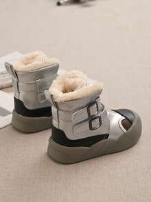 Girls' Double Hook-And-Loop Cold-Proof Ankle Boots, Fleece Lining, Anti-Collision Toe Protection, Thick Sole, Anti-Slip, Toddler Autumn/Winter Snow Boots - Silver - View 4