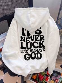 Women's White Long Sleeve Letter Print Sweatshirt Sweatshirt With Pocket Design And Ribbed Details, Suitable For Street Style Autumn Outfit - White - View 4