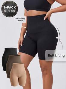 Plus Size 3 Packs Seamless High-Waist Shaper Shorts, Firm Tummy Control Body Shaper, Butt Lifting Compression Panties - Multicolor - View 2