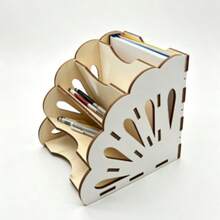 1pc Hollow Fan-Shaped Cutout Plywood Desktop File Organizer, Multi-Slot Slanted Document Holder, Suitable For Office Study Desk, Home Paper And Book Storage Decor - White - View 6