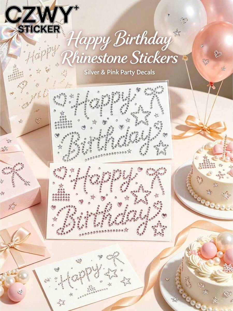 2pcs Happy Birthday Rhinestone Letter Theme Decorative Sticker Set, With Exclusive Tweezers, Self-Adhesive, Luxury Shiny Party Rhinestone Decor Stickers, With Heart Star Bow Patterns, Suitable For Birthday Cake Decoration, Gift Box Packaging, Party Balloon Decoration, Gift Wrapping Decoration Stickers - Happy Birthday Rhinestone Sticker - View 1
