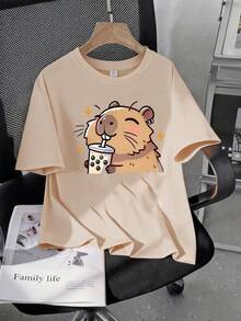 2pcs/Set For Teens: 1 Capybara Print Round Neck T-Shirt And 1 Casual Leggings. Suitable For Spring/Summer Wear, Great For Shopping, Gatherings, Sports, Travel And School. An Excellent Gift For Teenage Girls. - Apricot - View 5