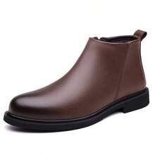 Men's Smooth Leather Side Zipper Ankle Boots Heel Pull Tab Round Toe Low Block Heel Black Office Business Casual Daily Wear Shoes - Brown - View 10