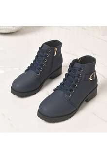 Navy Blue Chunky Heel Ankle Boots For Women, Lace-Up Side Zipper Buckle Thick Sole Anti-Slip Commuter Boots - Navy Blue - View 6