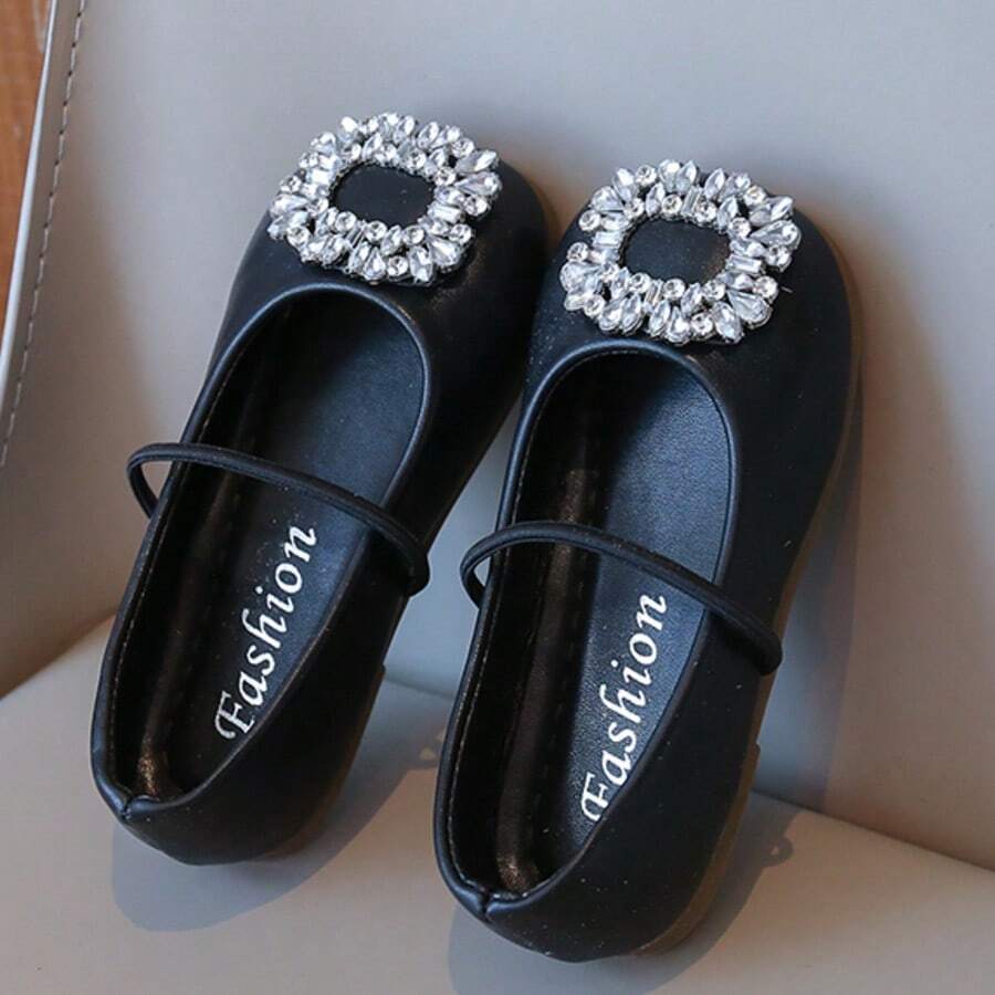 Girls' Rhinestone Square Buckle Mary Jane Flats, Elegant Single Strap Princess Dress Shoes, Suitable For Party And Wedding - Black - View 1
