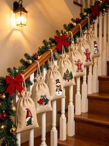 8pcs/Set Christmas Linen Drawstring Gift Bags, Plaid Christmas Print Reusable Linen Bags, Suitable For Holiday Gift Packaging And Party Decoration - Multicolor - View 3