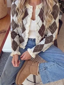 Women's Casual Brown And White Color Block Sweater, Autumn/Winter Style, Argyle Pattern Design With Ruffle Hem, Suitable For Outdoor Wear - Brown - View 7