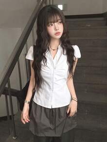 Korean Style Fitted Collared Waist Cinching Short Sleeve Shirt White Summer, Office Siren - White - View 1