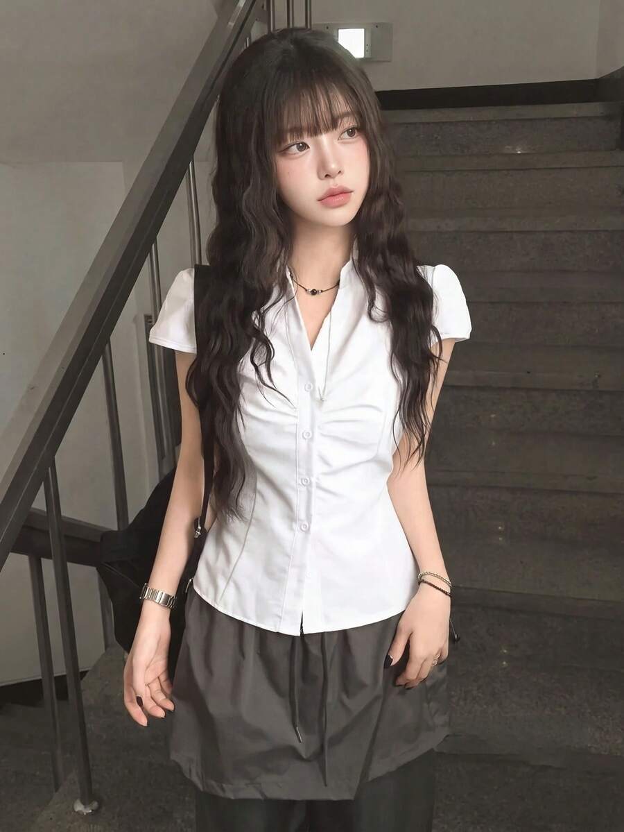 Korean Style Fitted Collared Waist Cinching Short Sleeve Shirt White Summer, Office Siren - White - View 1