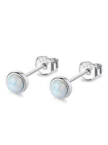 LEKANI 1pc S925 Sterling Silver Round Opal Stud Earrings, Minimalist Mini Bezel-Set Colorful Stone Earrings, Versatile Daily Commute Jewelry For Women - Silver - View 2