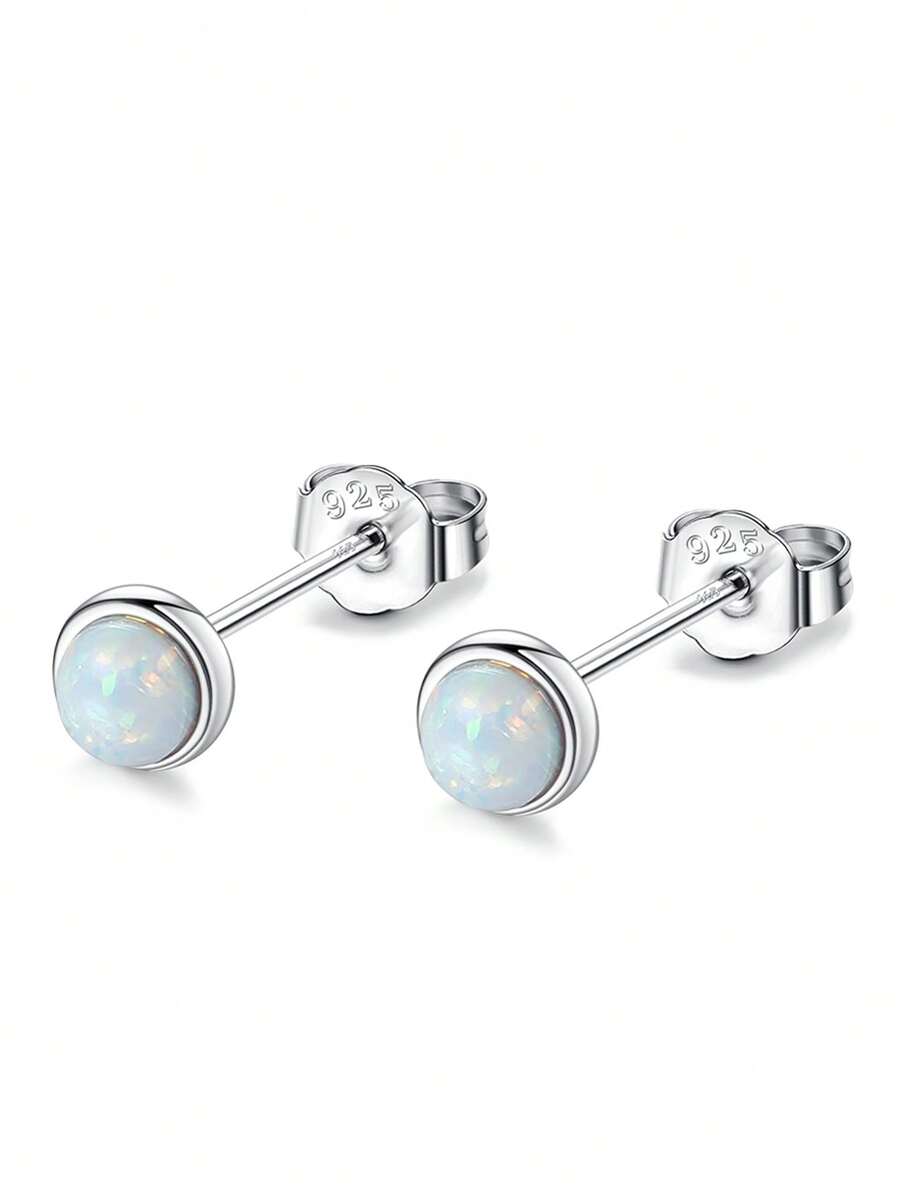 LEKANI 1pc S925 Sterling Silver Round Opal Stud Earrings, Minimalist Mini Bezel-Set Colorful Stone Earrings, Versatile Daily Commute Jewelry For Women - Silver - View 1