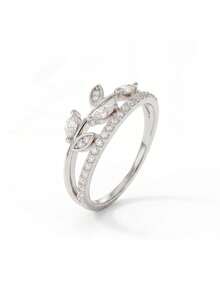 1 pieza Anillo de hoja de plata con circonita marquise y engaste pavé completo, joyería de moda inspirada en la naturaleza, adecuado para el uso diario de la mujer o compromiso - Plateado - Ver 5