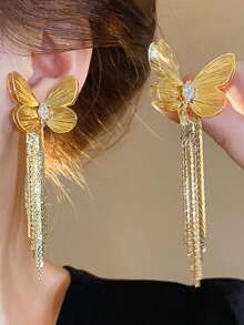 1 Pair New Waterfall Fish Tail Pattern Long Tassel Earrings, Fashion Floral Exaggerated Design Elegant Women's Ear Pendants - Gold - View 1