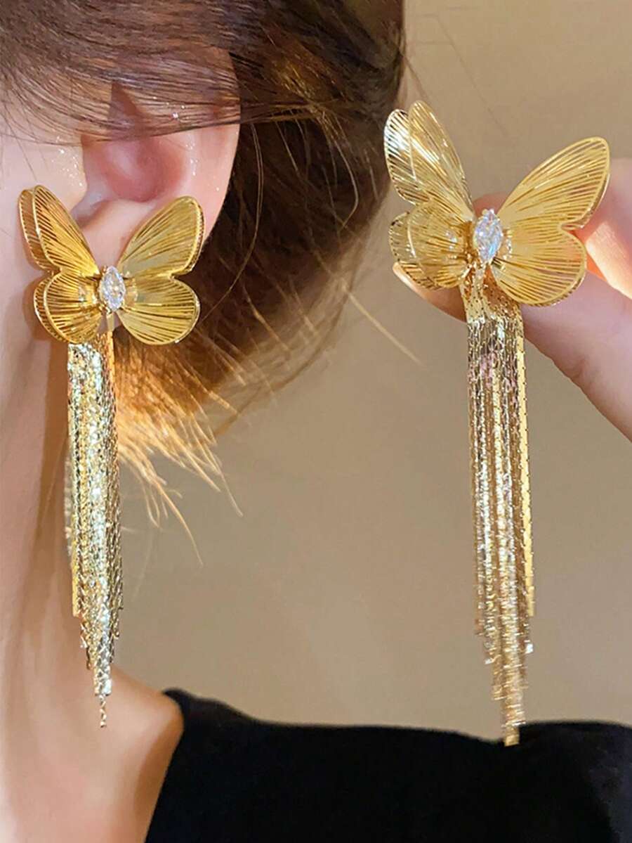 1 Pair New Waterfall Fish Tail Pattern Long Tassel Earrings, Fashion Floral Exaggerated Design Elegant Women's Ear Pendants - Gold - View 1