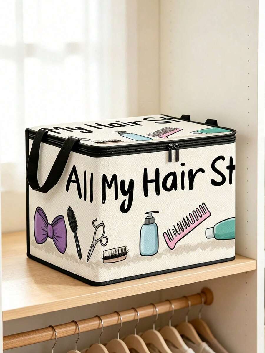 Storage Box With Lid, Printed With "All My Hair Stuff" Cartoon Pattern, Foldable Storage Box, Storage Box, Storage Bin, Large Capacity, Book Organization, Holiday Gift, Office Organization, Under Bed Storage, Rental Home Organization, Suitable For Work, School, Dorm Storage, Back To School Season, Travel Essentials, Dorm Essentials, Wedding Bride Gift, Mother's Gift, Birthday Gift, Holiday Souvenir, Back To School Gift, Graduation Gift - Multicolor - View 1