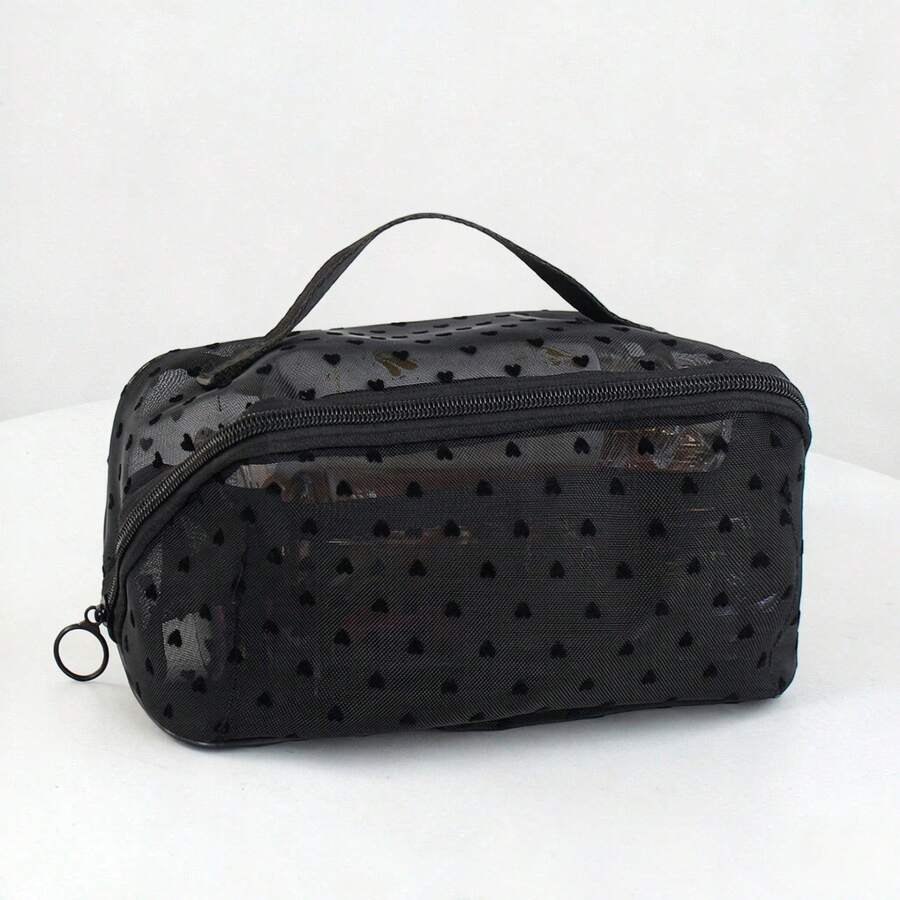 1pc Minimalist Flocked Heart-Shaped Mesh Handbag, Transparent Large Capacity Storage, Suitable For Short Trips And Bedroom Organization, Can Be Used As A Gift For Friends
