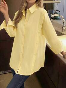Plus Size Women Asymmetrical/Asymmetrical Blouse Casual Office Wear Spring Summer Autumn Long Sleeve Shirt - Light Yellow - View 5