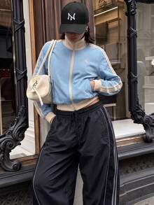 Women's Colorblock Stand Collar Zipper Long Sleeve Jacket, Embroidered Detail Side Stripe Casual Outerwear - Blue - View 6