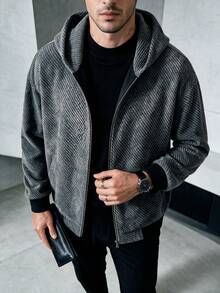 1pc Men's Grey Hooded Sweatshirt Jacket, 3D Diagonal Ribbed Knit Fabric, Soft & Thick, Smooth Full Zip Closure, Easy To Put On And Take Off, Suitable For Daily Commute, Autumn/Winter Layering, Vintage Vibe Short Hooded Jacket - Grey - View 10