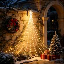 Christmas Outdoor Night Scene Decorative Lights, Solar Powered Christmas Tree Star Waterfall Lights. Top Features Exquisite Five-Pointed Star Light Head, 2M Specification, 9 Strands Of Light Lines With 198 LED Beads, Warm, Colorful, White Three Light Colors Available. Light Lines Naturally Drape To Form Waterfall Style, Presents Complete Christmas Tree Shape After Hanging, Excellent Atmosphere. - Christmas Tree Star Waterfall Lights - View 4