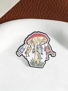 1 Pc Frogs Swinging Under Red Mushroom Enamel Pin, Cute Forest Cartoon Frog Brooch, Whimsical Nature Badge For Backpack Jacket - Multicolor - View 6