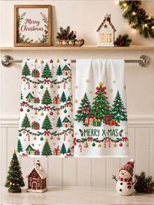 2PCS Kitchen Towels, Christmas Tree Gift Box Pattern Kitchen Towels Dish Cloths, Watercolor Style 40*60cm Rectangular Soft Microfiber Cleaning Kitchen Towels, Perfect For Kitchen, Dining Room And Bathroom Use, Christmas Kitchen Decor, Home Decor, Neighbor Housewarming Gift, Dish Cloths - White - View 1