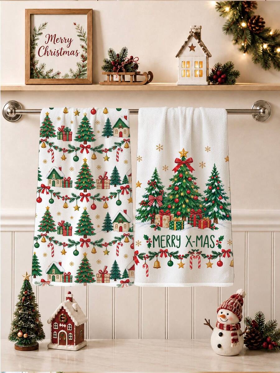 2PCS Kitchen Towels, Christmas Tree Gift Box Pattern Kitchen Towels Dish Cloths, Watercolor Style 40*60cm Rectangular Soft Microfiber Cleaning Kitchen Towels, Perfect For Kitchen, Dining Room And Bathroom Use, Christmas Kitchen Decor, Home Decor, Neighbor Housewarming Gift, Dish Cloths - White - View 1