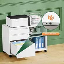 Archivador Móvil de Metal Color Blanco 39.9x87.6x62.2 cm |   Gabinete de 3 Cajones con Cerradura y Estante Abierto para Impresora |   con Ruedas y Panel Perforado para Oficina en Casa |   Fácil de Armar - Blanco - Ver 2