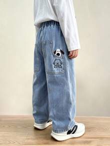 Young Boy Denim Jeans, 2-7 Years Old Elastic Waist Loose Fit Jeans, Back Pocket Dog Embroidery, Light Wash, Casual Daily Wear - Medium Wash - View 6