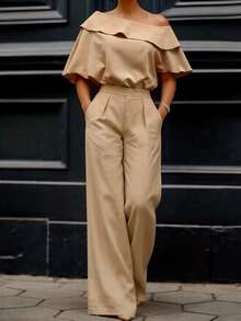 Women's Ruffle Ruffle Top & High-Waist Wide-Leg Pants 2 Pieces Set, Elegant Commuter Outfit - Apricot - View 5