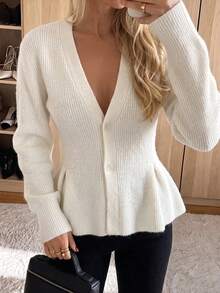 Just Masa Women's Fall Winter Casual Button Up Ruffle Hem Sweater Cardigan,Solid Color Bishop Sleeve V Neck Knitwear,For Date,Going Out,Commute,Party - Off White - View 5