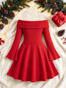 Girls' Christmas Off-Shoulder Fitted Flared Dress, New Year Princess Dress, Autumn/Winter - Red - View 3