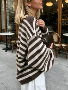 Women's Autumn New Color-Block Striped Knit Sweater, Casual Commute, College, Travel - Flower Coffee - View 5