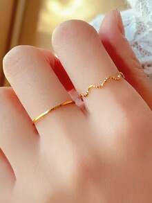2pcs Stainless Steel Plain Thin Ring Set, Niche Design, Premium Feel, Stackable Pinky Rings For Women - Gold - View 3