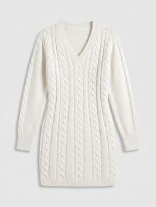 Just Masa Women's Fall Winter Casual Cable-Knit V Neck Sweater Dress,Solid Color Long Sleeve Rib-Knit Knitwear Mini Dress,For Party,Date,Going Out - Apricot - View 3