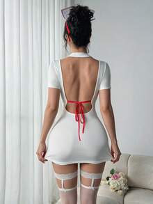 Women's Sweet Sexy Nurse Cosplay Uniform Dress With Hollow Back And Bow, Role Play Costume For Streamers - White - View 8