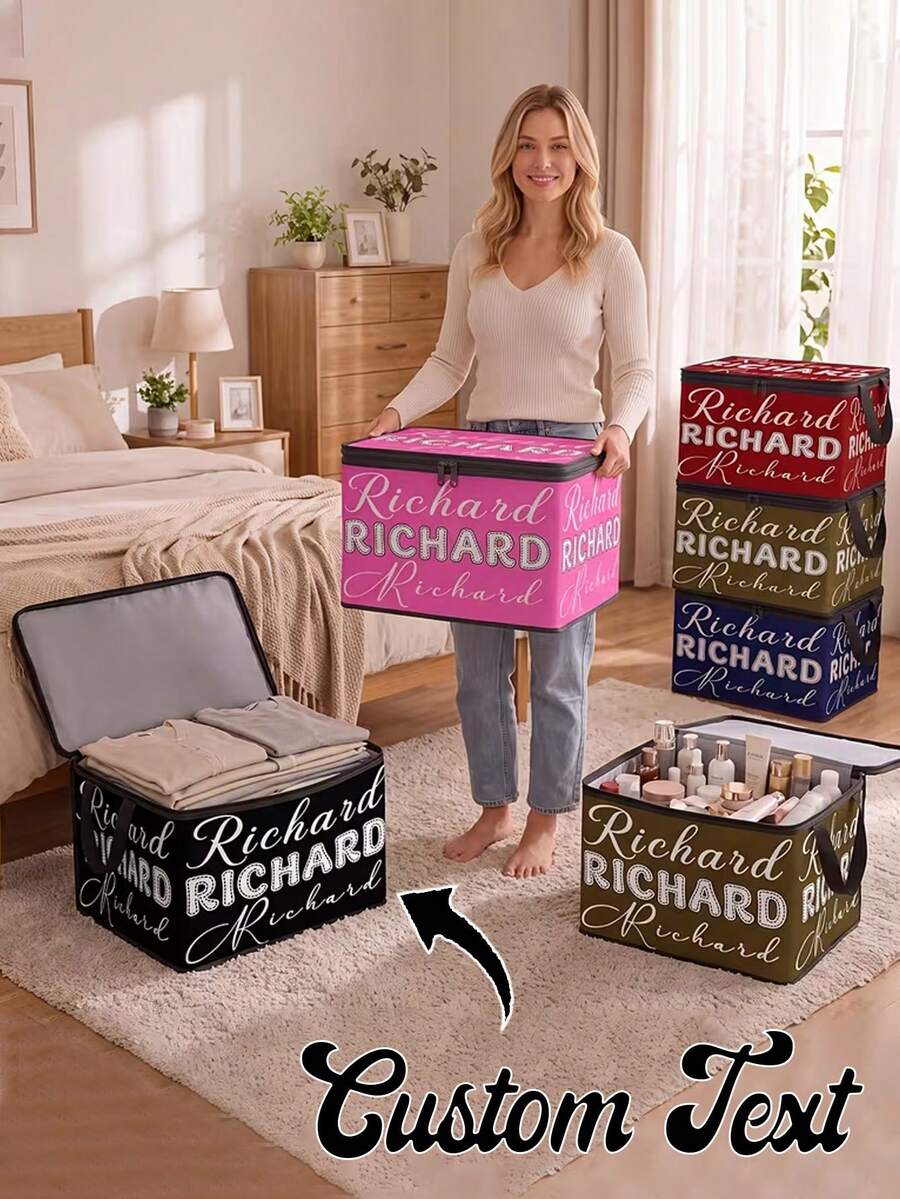 Personalized Name Storage Box, Custom Multi-Style Font Printing, Large Capacity Foldable Fabric Wardrobe Organizer, With Lid And Reinforced Handle Pattern Design, Secure And Durable Zipper, Portable Foldable Style, Suitable For Office Storage - Multicolor - View 1