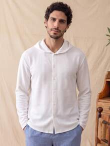 glestore Men's Retro-Style Long-Sleeve Waffle-Weave Hooded Shirt-Stylish, Versatile For Commuting And Casual Wear. Perfect For Spring, Fall, And Winter. - White - View 1